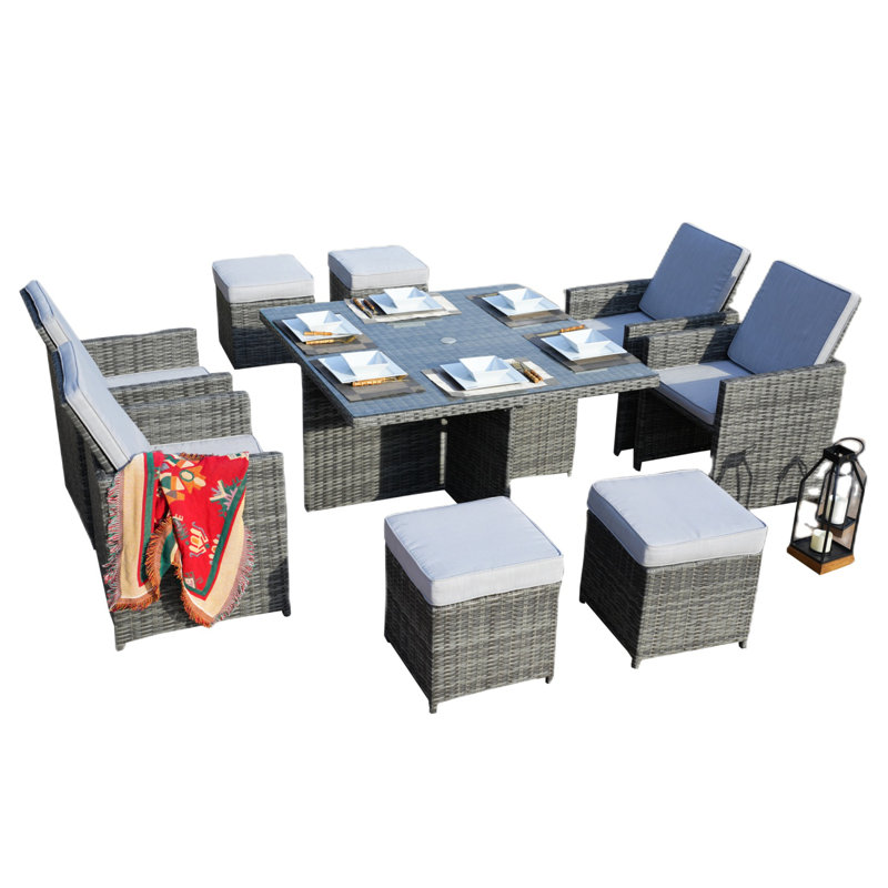Kydon 8 - Person Patio Dining Set with Square Table , Cushions Included, Grey