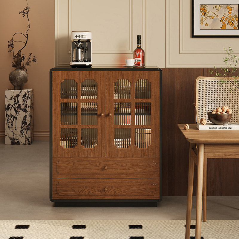 Nut-brown+Black Manufactured Wood+Glass Sideboard, 41.02" H x 28.82" W x 15.75" D