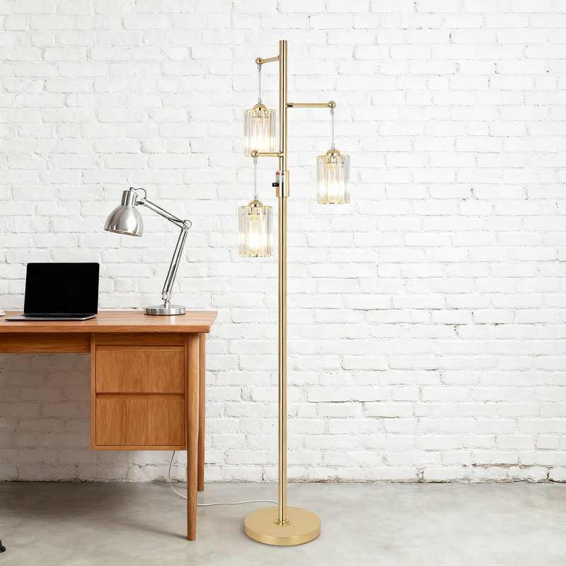 Lampe sur pied moderne en cristal à intensité variable avec 3 lumières, lampe sur pied de style industriel pour salon, chambre à coucher ou bureau avec gradation continue et fabrication en métal robuste