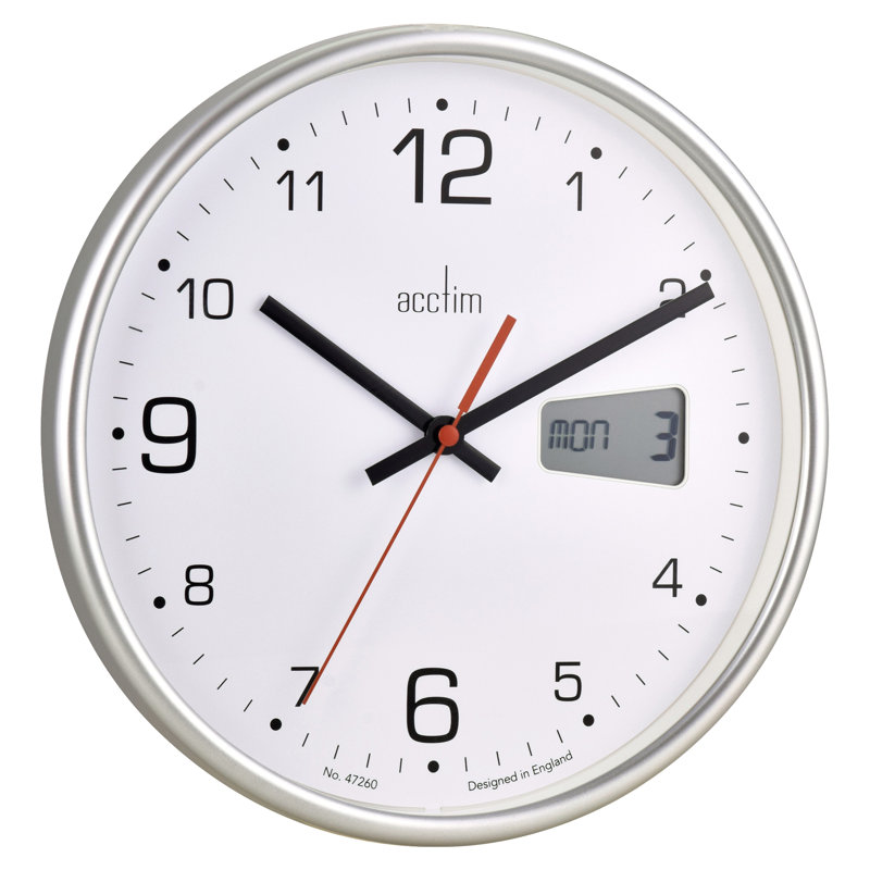 Acctim Kalendar Wall Clock Non-Ticking Sweep LCD Digital Display Energy Efficient Silver 27cm