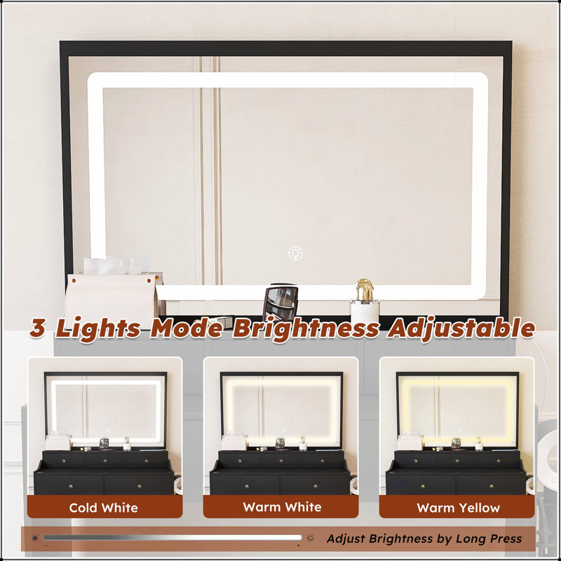 Nouveau grand bureau de coiffeuse à miroir pour chambre à coucher, ensemble de maquillage moderne avec prise de courant, support pour sèche-cheveux, 5 tiroirs, 3 modes d'éclairage