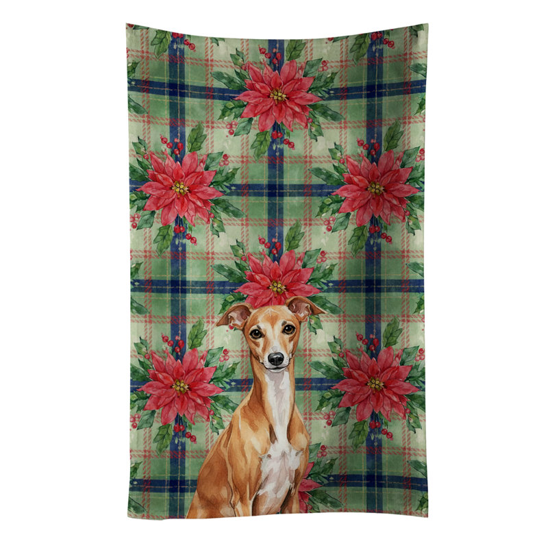 Red Italian Greyhound Christmas PoinsettIas Kitchen Towel, Red Italian Greyhound
