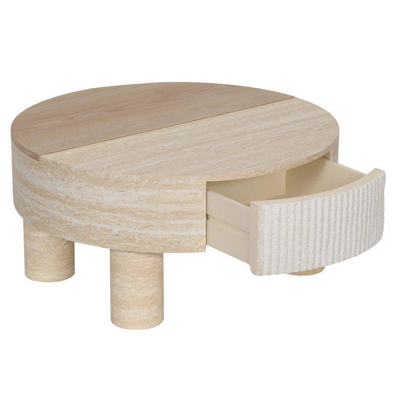 Table basse ronde avec plateau rabattable, rangement dissimulé et finition en bois élégante pour les espaces de vie modernes