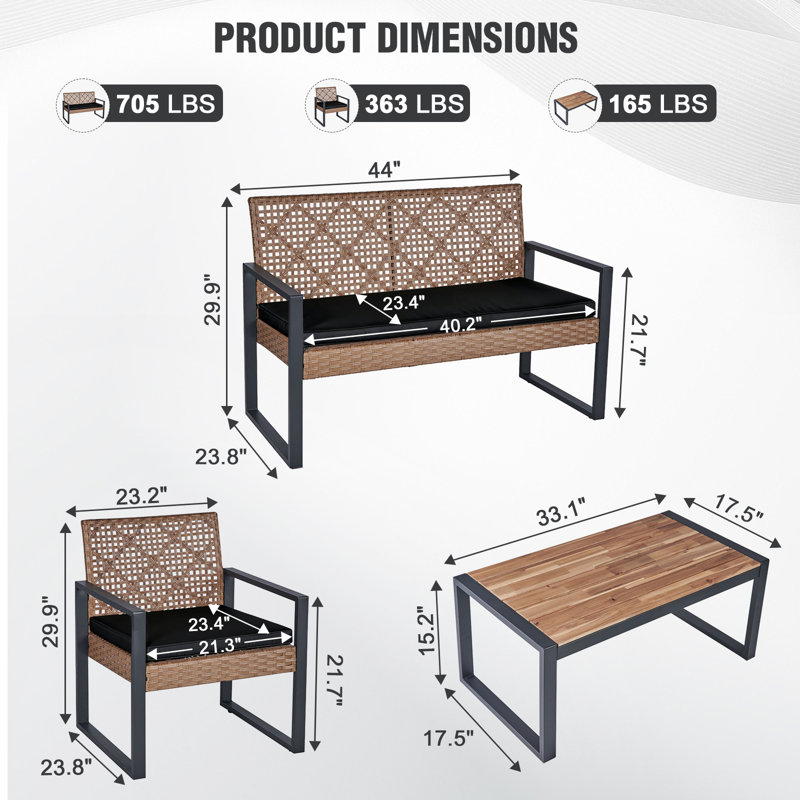 Ensemble de conversation pour 4 personnes en osier avec coussins, Coussin noir / structure brune