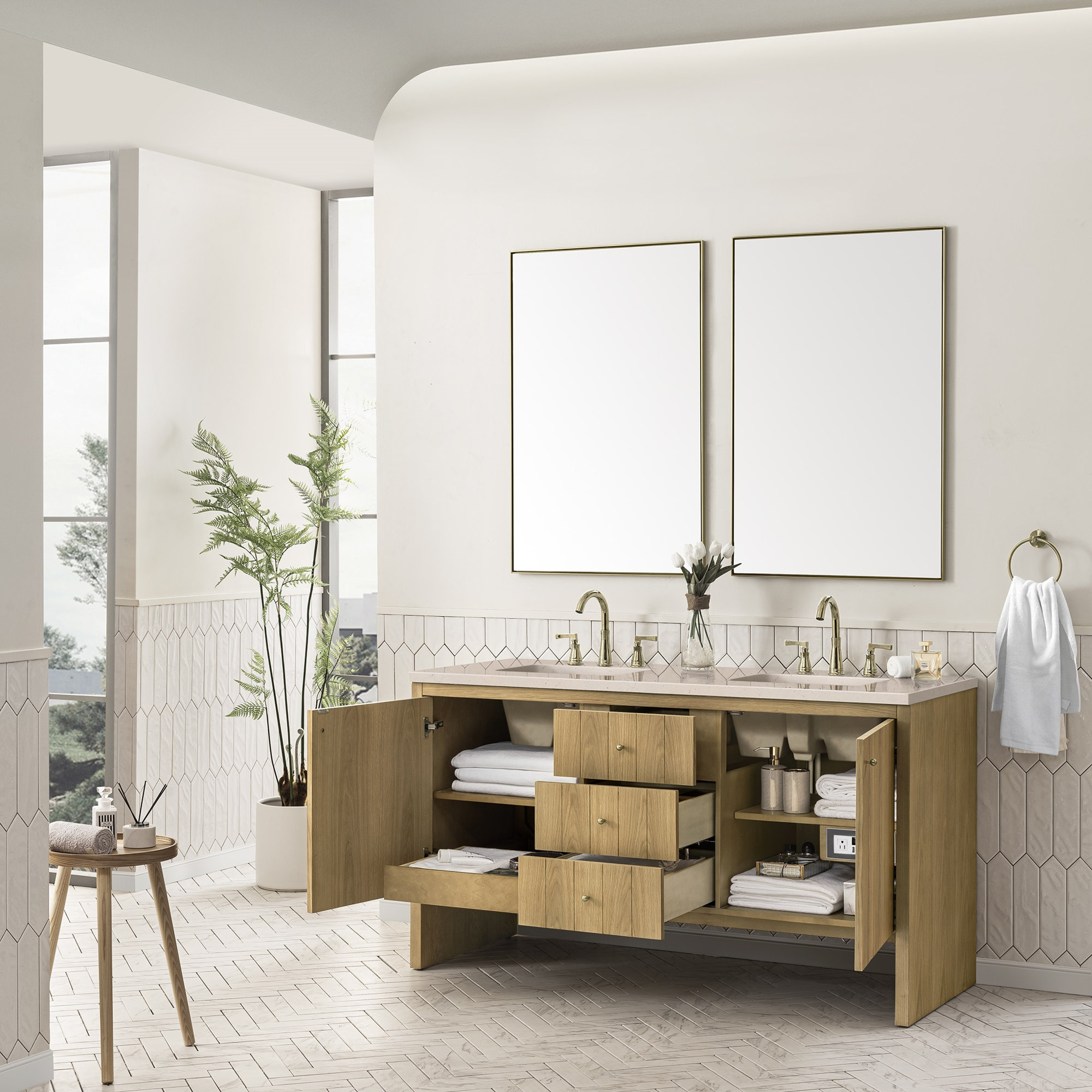 Hudson 60'' Double Bathroom Vanity, Eternal Marfil Quartz, 8" Widespread, Light Natural Oak