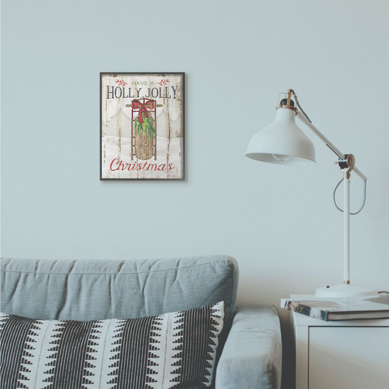 Holly Jolly Christmas Sleigh - reproduction d'art textuel, H 14 po x l 11 po, Cadre noir