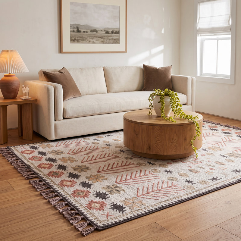 Anine Looped/Hooked Pink/Beige Southwestern Wool Rug, Rectangle 7'6" x 9'6"