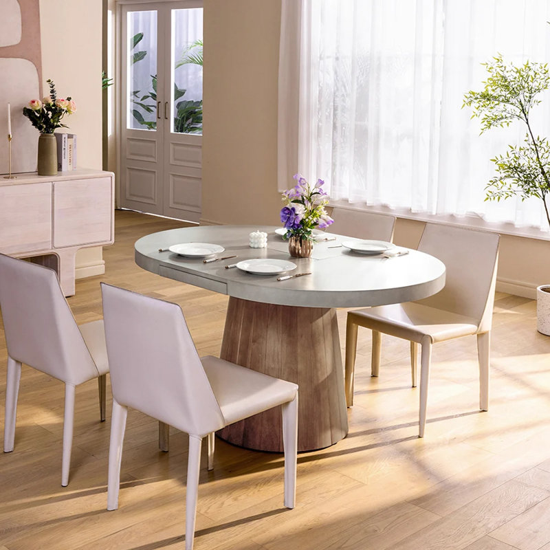 Gray and Natural Wood Round Extendable Dining Table for 4-6