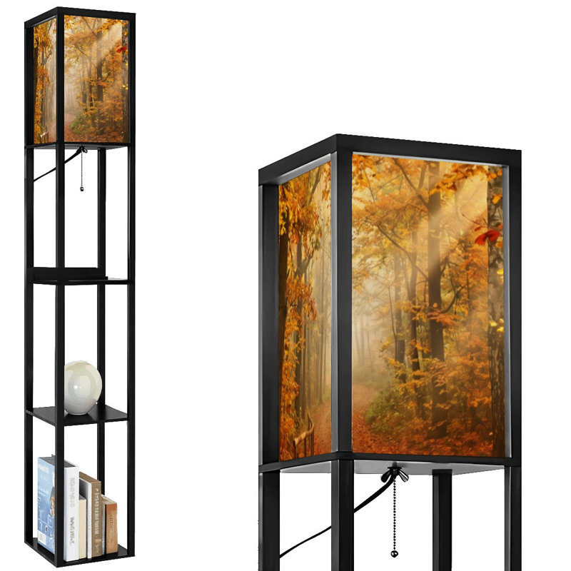 Modern Floor Lamp with Shelves USB Ports and Fabric Shade