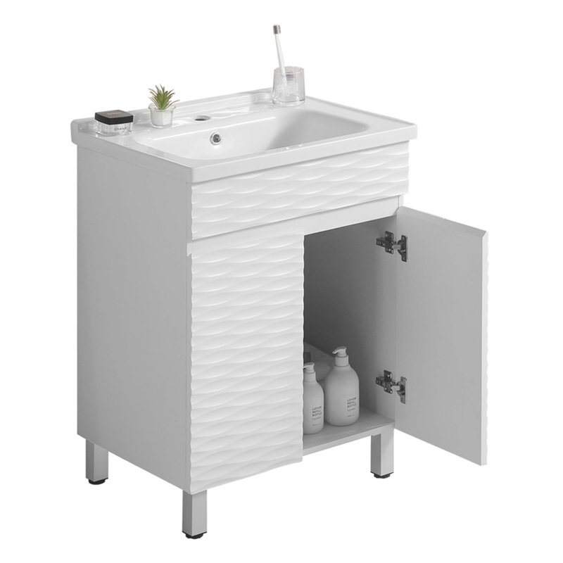 Armoire de salle de bain murale avec lavabo en céramique, idéale pour les petites salles de bain et les salles d'eau, offrant un rangement facile d'accès et une performance durable