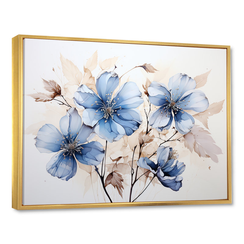 «Blue and White Timeless Minimalisme Hibiscus» sur toile, Cadre flottant doré, 16" H x 32" W