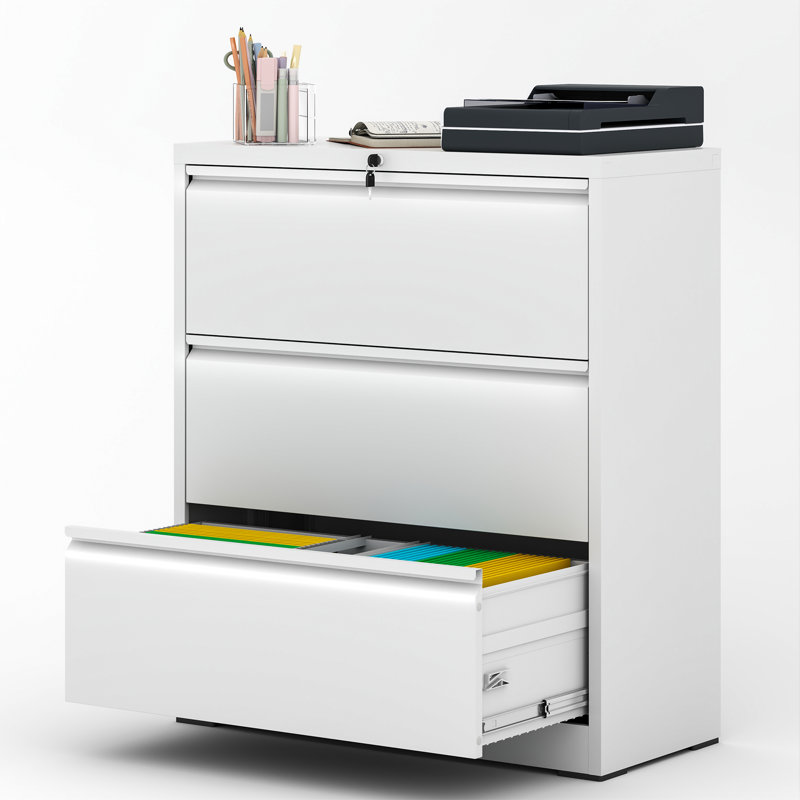35.43"W 3 Drawer Metal Lateral File Cabinet with Lock for Home Office - A4/Letter/Legal Size, White