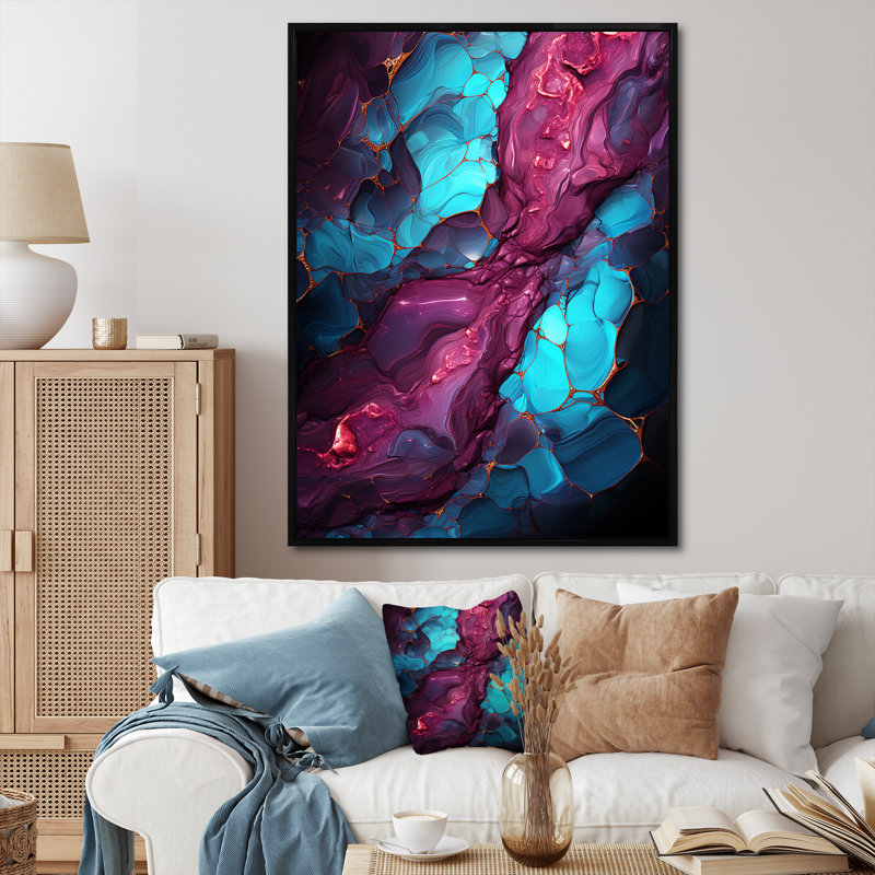 Volcan de marbre bleu et mauve sans soudure I - décoration murale abstraite, Cadre flottant noir, 40" H x 30" W