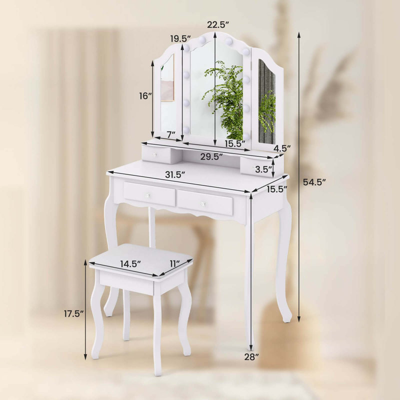 Makeup Vanity Set With Tri-fold Mirror & Led Lights 4 Drawers Open Shelf, White