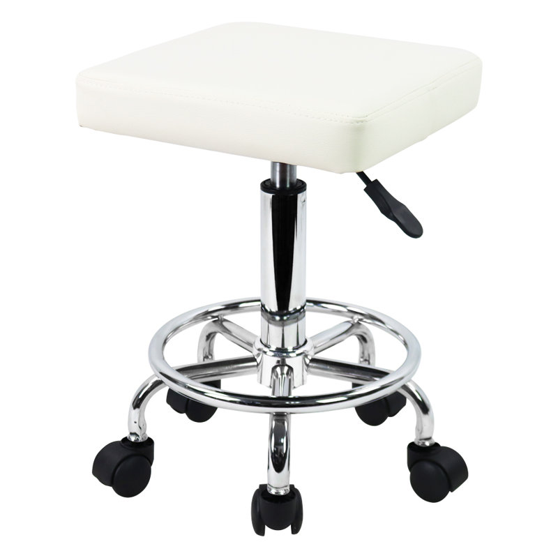 Small Square Height Adjustable Rolling Stool with Foot Rest for Spa Drafting Salon Tattoo Work, White