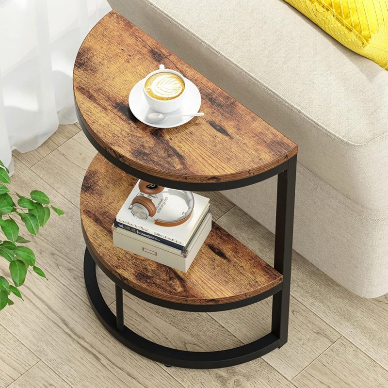 Table de bout demi-lune 2 niveaux Slim, table d'appoint en bois brun rustique 19,69 po avec tablette de rangement pour petits espaces, salon, chambre à coucher, assemblage facile
