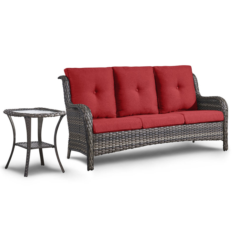 Schutt 75'' Wide Outdoor Patio Sofa with Cushions and Side Table, Red, Gray