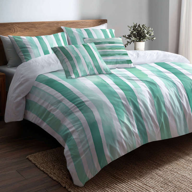 Ensemble de literie 6 pièces à rayures - brise menthe côtière avec taies décoratives et coussins décoratifs