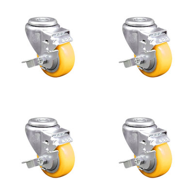 3.5 Inch Yellow Polyurethane Wheel Swivel Bolt Hole Caster Set with Brake SCC