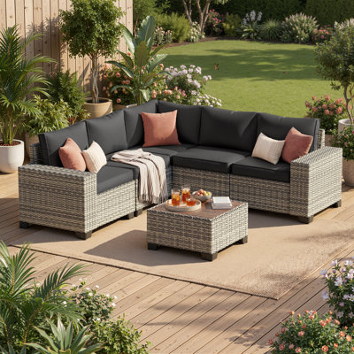 Ensemble de canapé modulaire d'extérieur 5 personnes avec rotin PEHD toutes saisons, coussins et accoudoirs larges