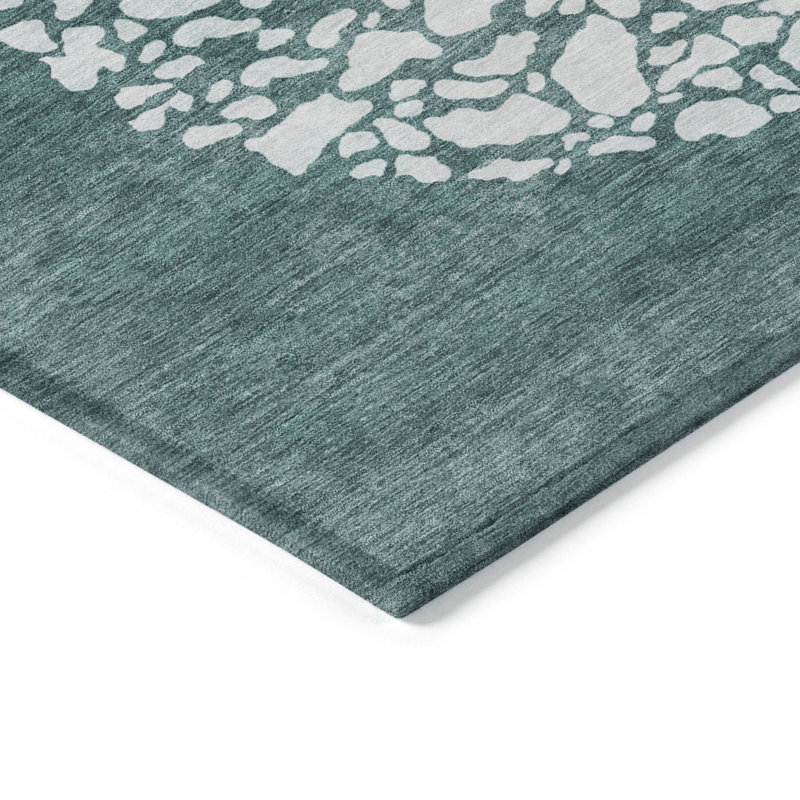 3' X 5' Dark Green Aqua And Ivory Abstract Washable Indoor Outdoor Area Rug