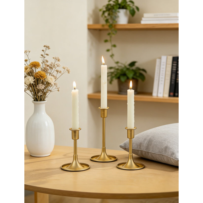Matte Gold Taper Candle Holders Set Of 3, Weighted Base Candle Sticks For Wedding Centerpiece, Christmas Mantel, And Home Table Decor