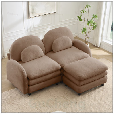 Teddy Fabric Soft Cloud-like Loveseat Sofa, Curved Backrest and Armrest with Lumbar Pillows, Sectional 2 Seater Modular Couch with Movable Ottoman and Double-layer Cushion