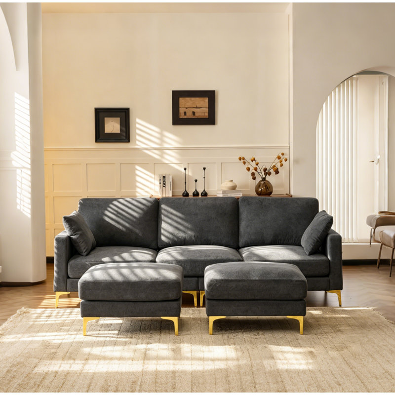 100'' Grey Chenille U-Shaped Square Couch With 2 Ottoman And Side Storage, Grey