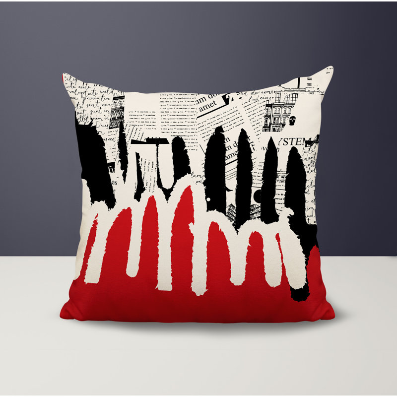 Oreiller carré réversible intérieur / extérieur Kisha, H 19 po x l 19 po, Rouge / noir / blanc cassé abstrait