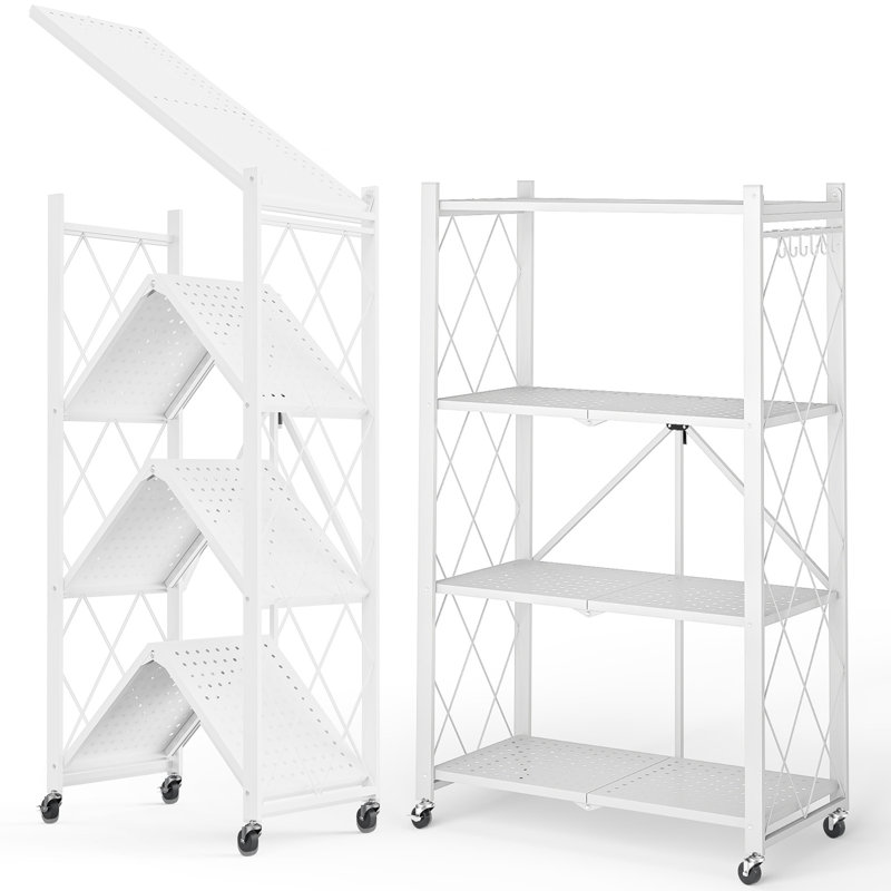 Tablette de rangement pliante à plusieurs niveaux en métal avec roues et crochets, support pliable sans assemblage pour la cuisine, le garage et le bureau