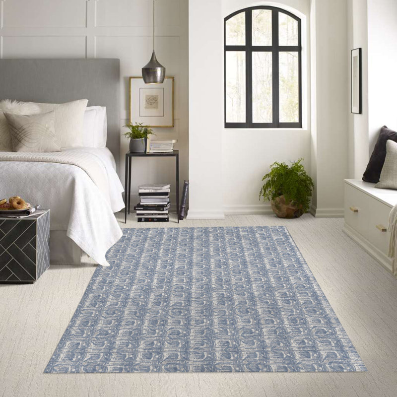 Tapis intérieur / extérieur bleu / gris clair en polyester tissé à la machine, Rectangle 2 pi x 3 pi