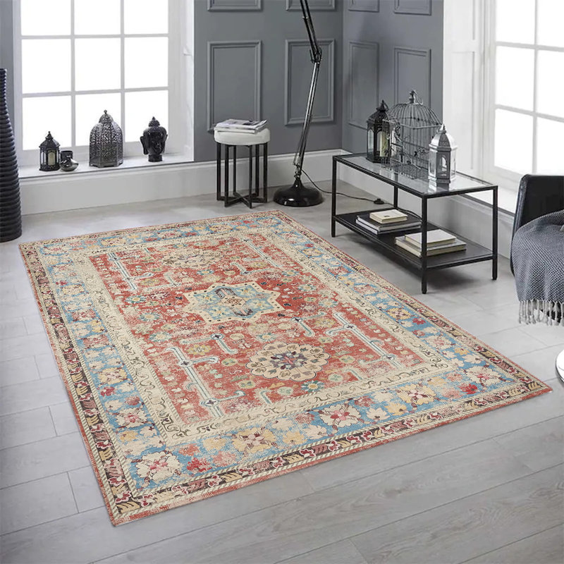 Tapis géométrique tissé à la machine en orange et bleu, Rectangle 2,3 pi x 3,9 pi