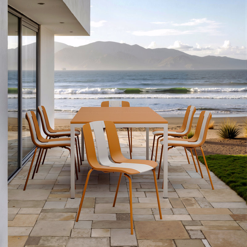 Chaise d'intérieur et d'extérieur, bloc de couleur rayé moderne avec siège en PP imperméable et pieds en métal robuste, blanc éclatant, orange