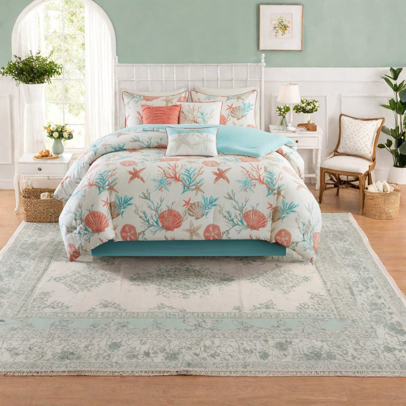 Ensemble de literie luxueux en satin de coton 7 pièces, style bord de mer, corail