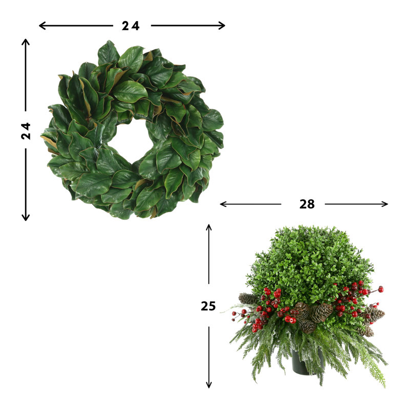 24" Holiday Magnolia Wreath with Two UV Rated Boxwood Drop-Ins
