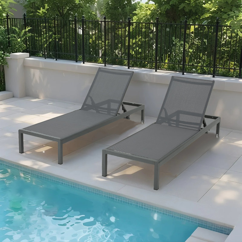 Chaise Lounge Pool Chair Set of 2,Patio Sun Tanning Chair with 4-Position Reclining Back,Breathable Mesh Seat, Gray