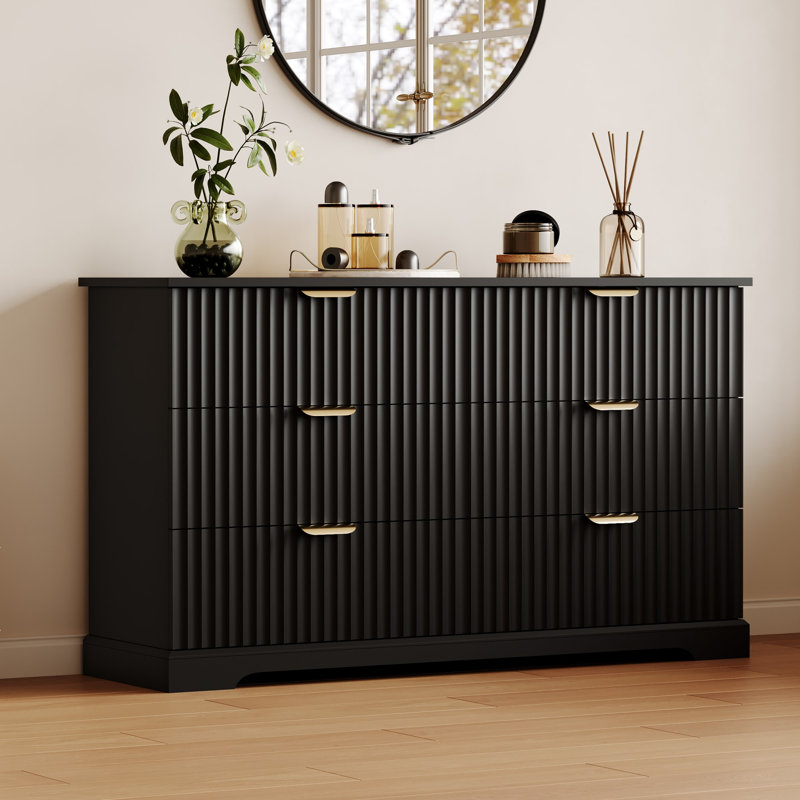 53.1" W 6-Drawer Double Dresser, Fluted Wooden Chest of Drawers with Metal Handle, Black