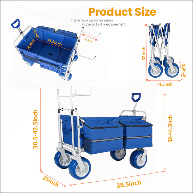 Chariot de plage robuste avec porte-chaises, roues tout-terrain de 9 pouces et rangement multifonctionnel pour les activités de plein air
