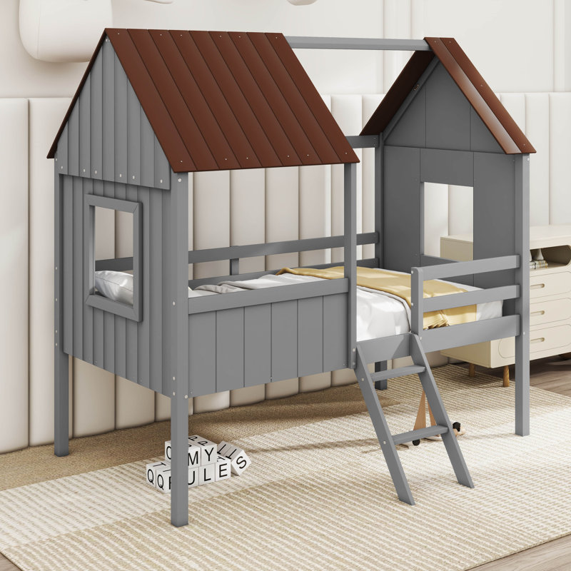 Emera Low Loft House Bed With Guardrails, Gray/Brown