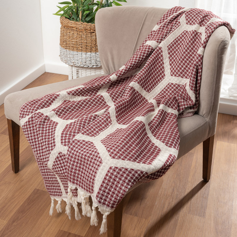 Honeycomb 100% Turkish Cotton Handmade Throw Blanket, Red