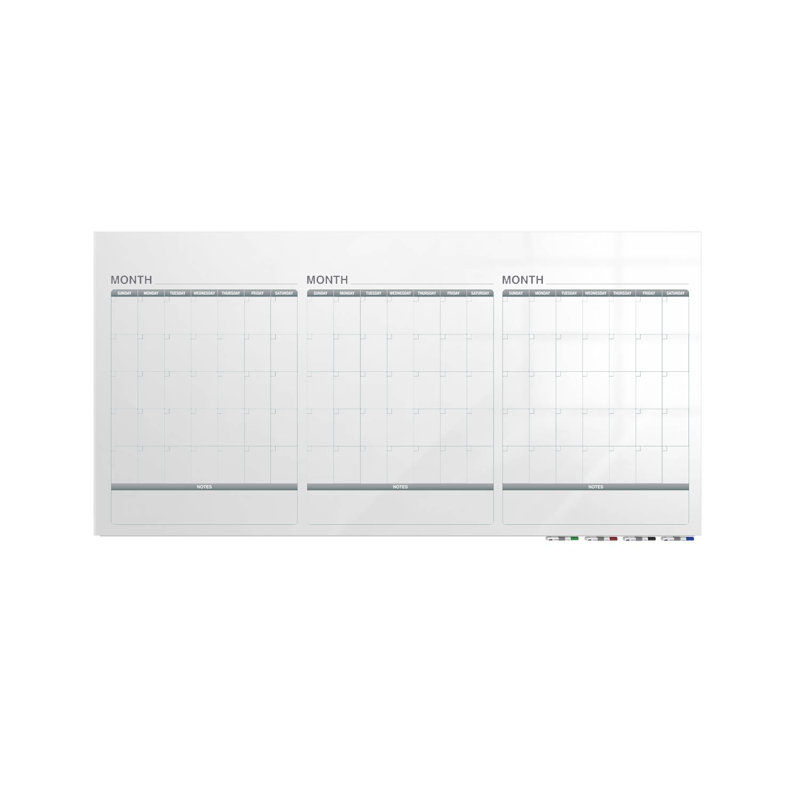 Panneau de verre à profil bas, calendrier 1 mois, calendrier magnétique Ghent, Calendrier horizontal de 3 mois, 48 po x 72 po