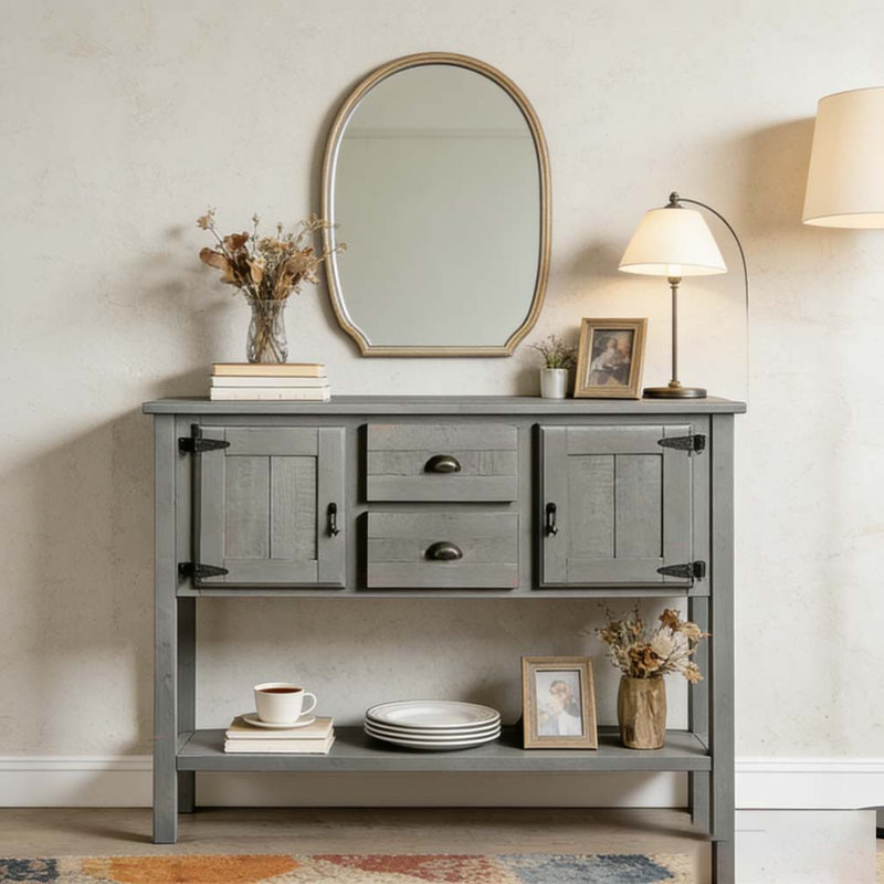 48'' Solid Wood Sideboard Console Table with 2 Drawers and Cabinets and Bottom Shelf, Antique Gray