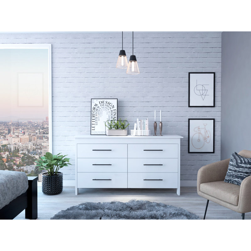 Commode double 6 tiroirs Hms, quatre pieds, plateau supérieur - blanc, Blanc