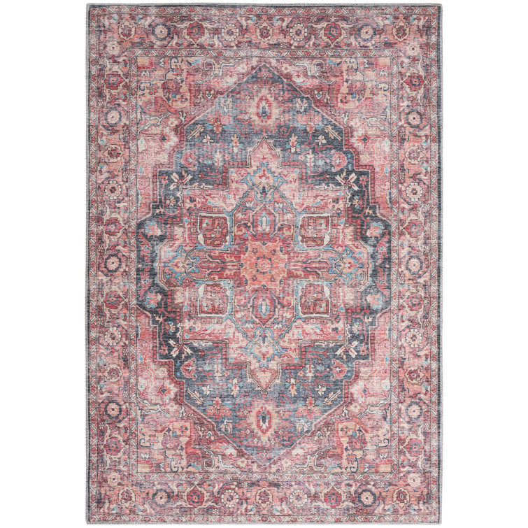 Machine Washable Oriental Blue/Brick Red Area Rug
