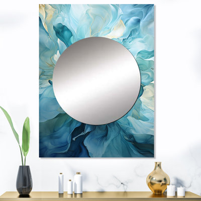 Gearlene - Turquoise bleu et blanc Serenity Swirl IV - miroir spirales abstraites, miroir mural décoratif moderne, impression d'art en métal