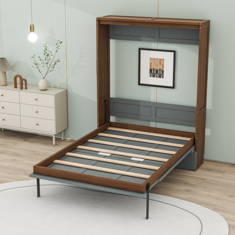Lit escamotable double en bois avec bureau pliable et lattes, tête de lit, Noyer gris