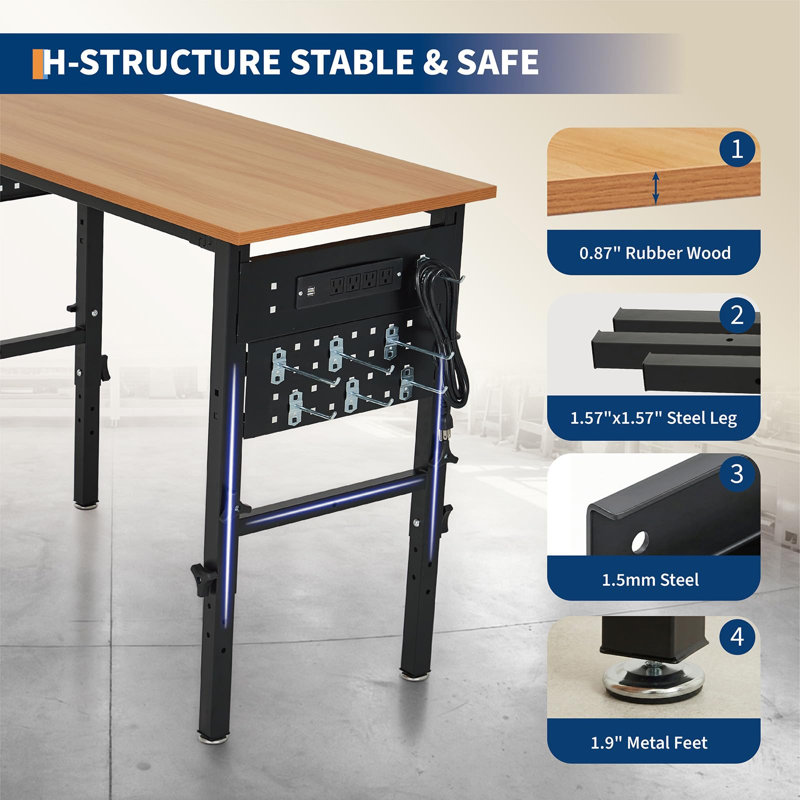 48x20IN Adjustable Workbench Desk, Hardwood Top with Outlets & Metal Frame