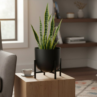 7.5" Round Planter With Stand Black