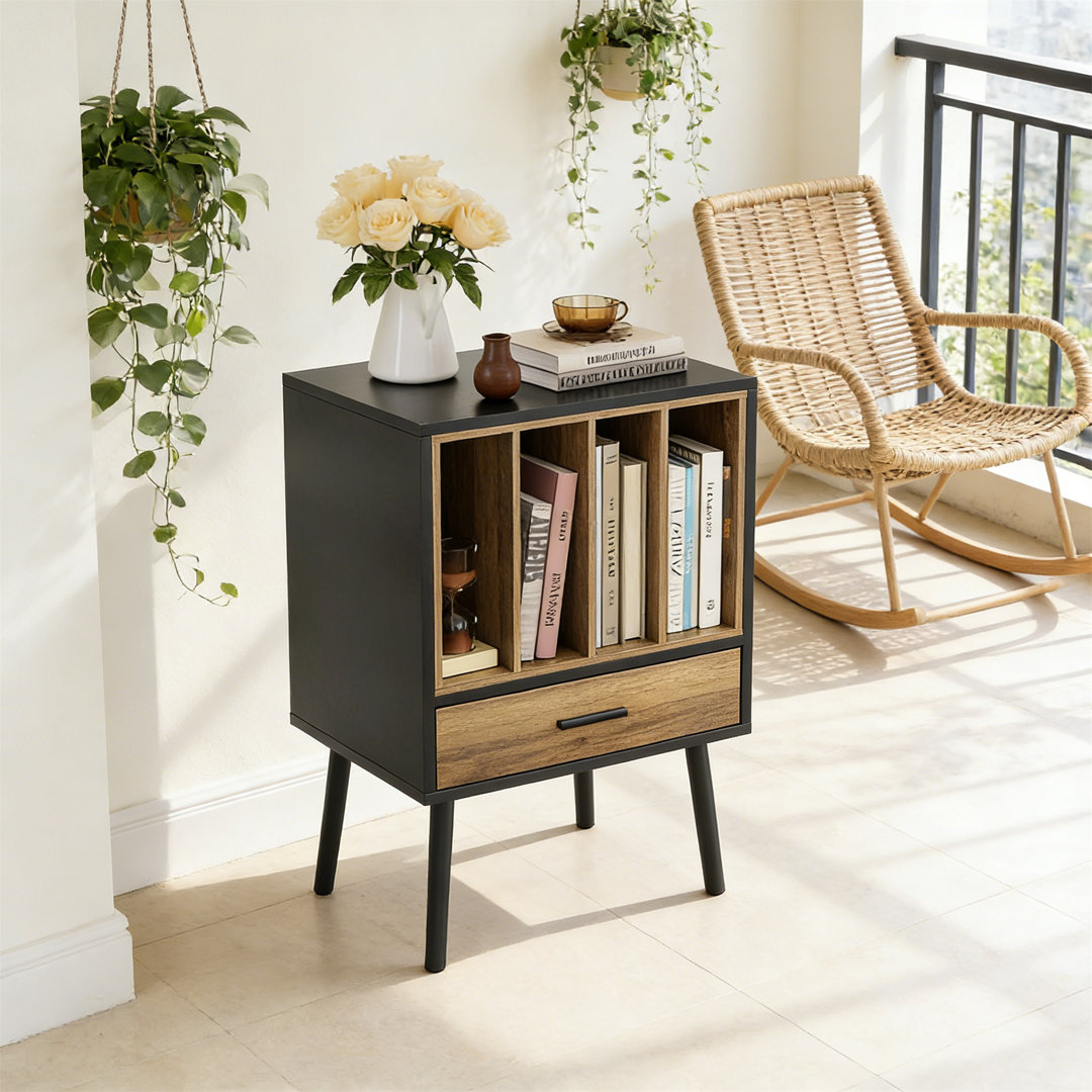 Record Player Stand With Nesting Vinyl Storage Crate, Record Player Table With Drawer & Solid Wood Legs, Side End Table For Turntables