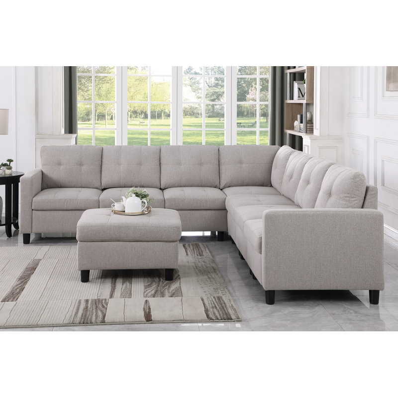 Canapé modulaire rembourré avec repose-pieds 7 pièces Kentrell, Mélange de lin gris clair